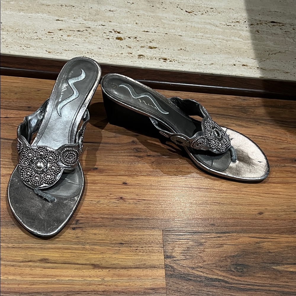 Nina Metallic Silver Sandals with Beaded Design